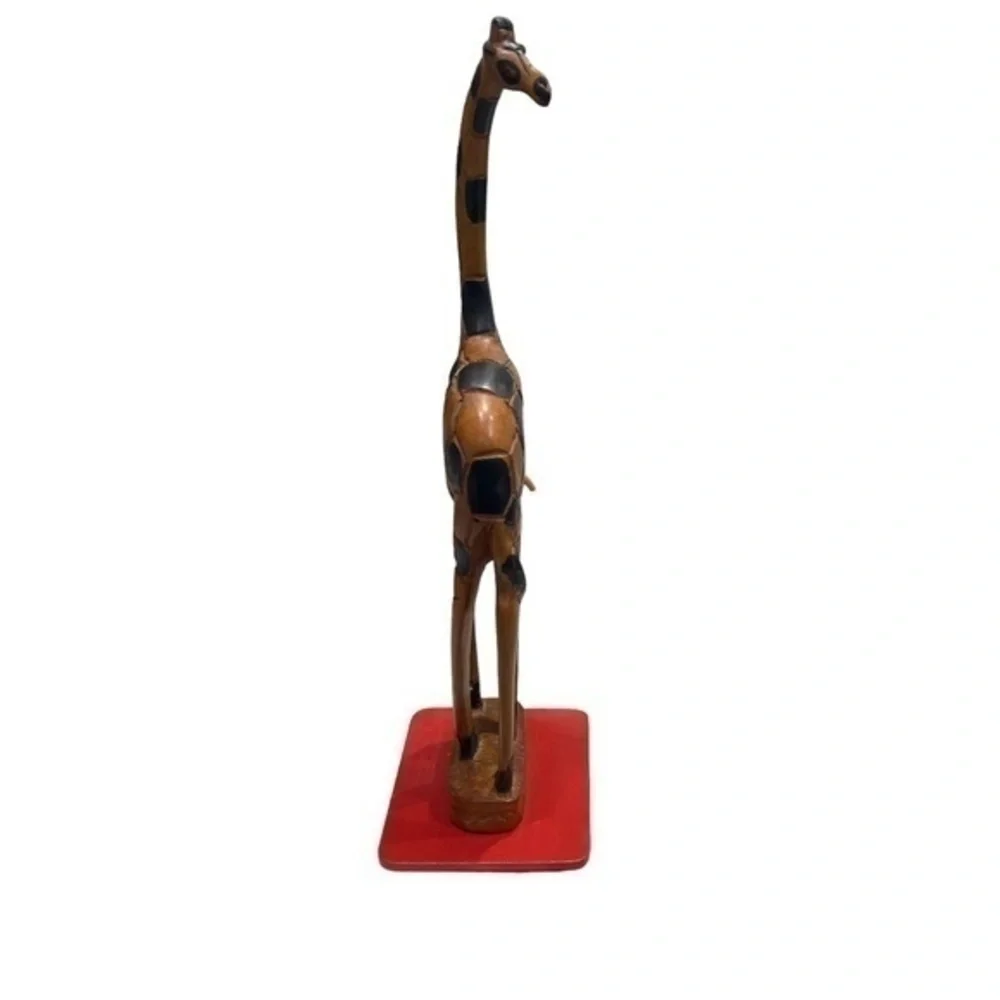 Hand Craved Wooden Giraffe Sculpture on Red Base